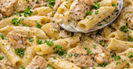 Macarrão cremoso com frango em uma panela